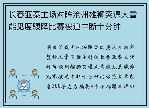 长春亚泰主场对阵沧州雄狮突遇大雪能见度骤降比赛被迫中断十分钟