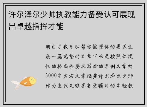 许尔泽尔少帅执教能力备受认可展现出卓越指挥才能